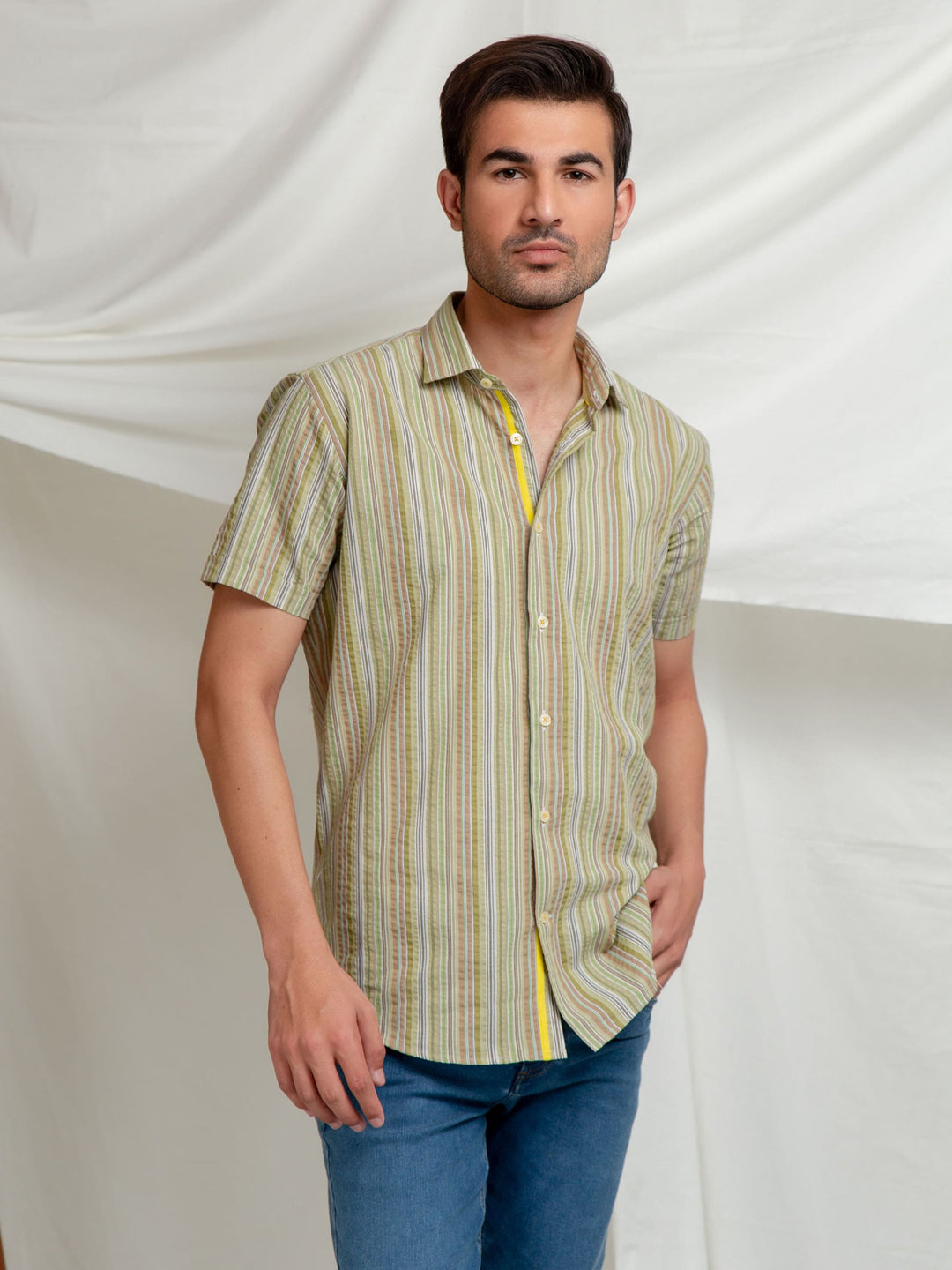 Olive striped seersucker half sleeve shirt brumano pakistan