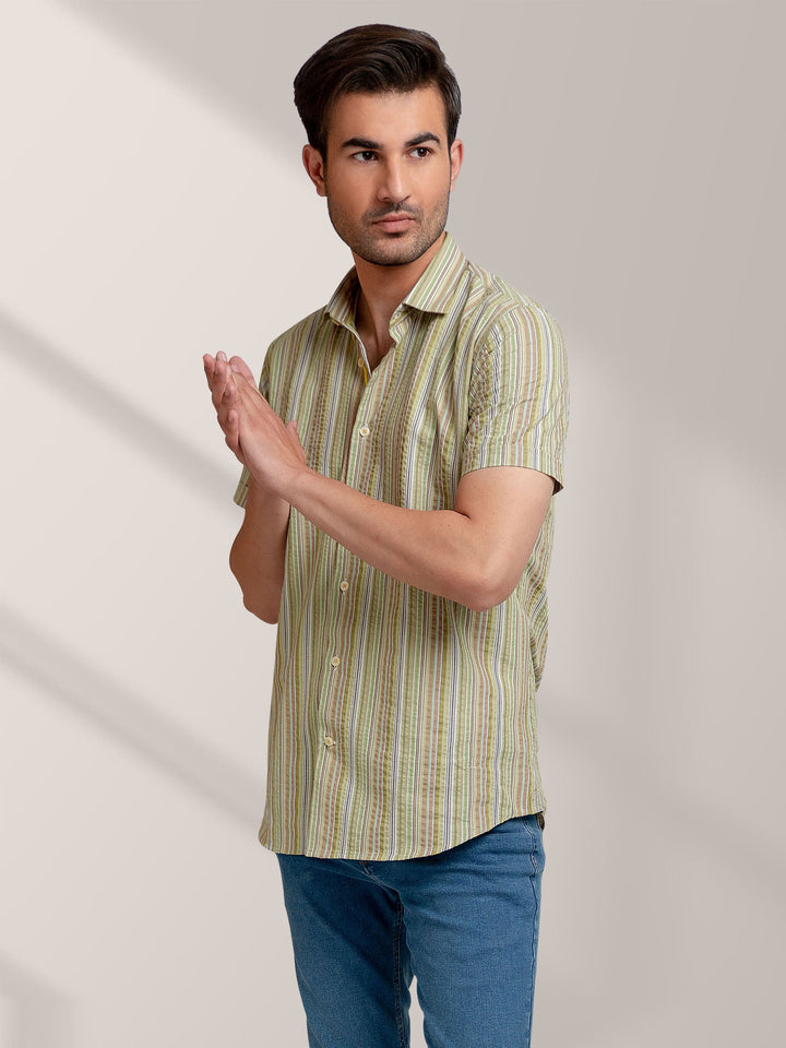 Olive Striped Seersucker Half Sleeve Shirt Brumano Pakistan