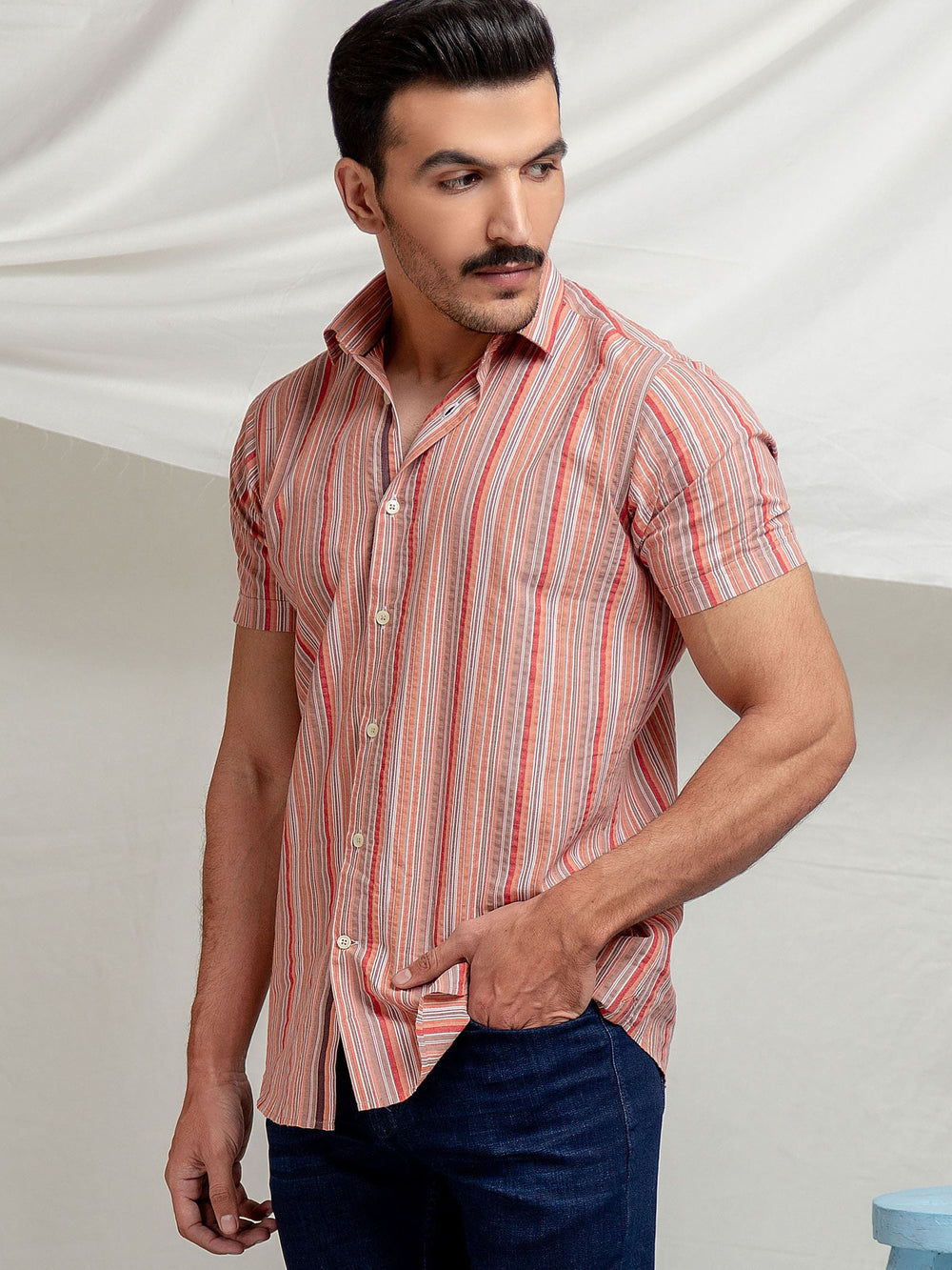 Orange striped seersucker half sleeve shirt brumano pakistan