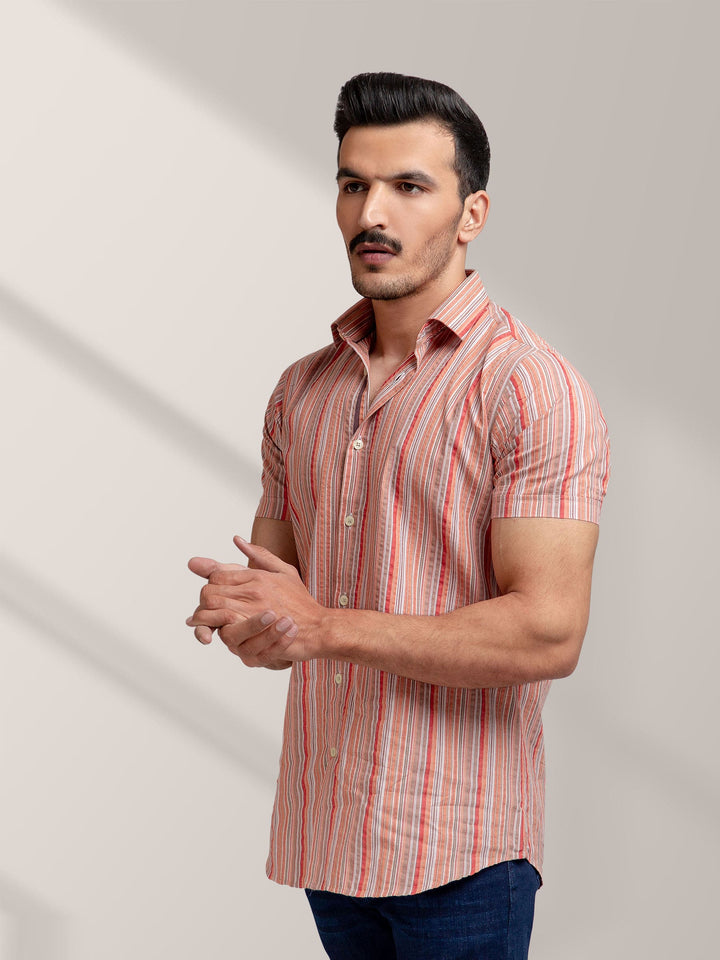 Orange Striped Seersucker Half Sleeve Shirt Brumano Pakistan