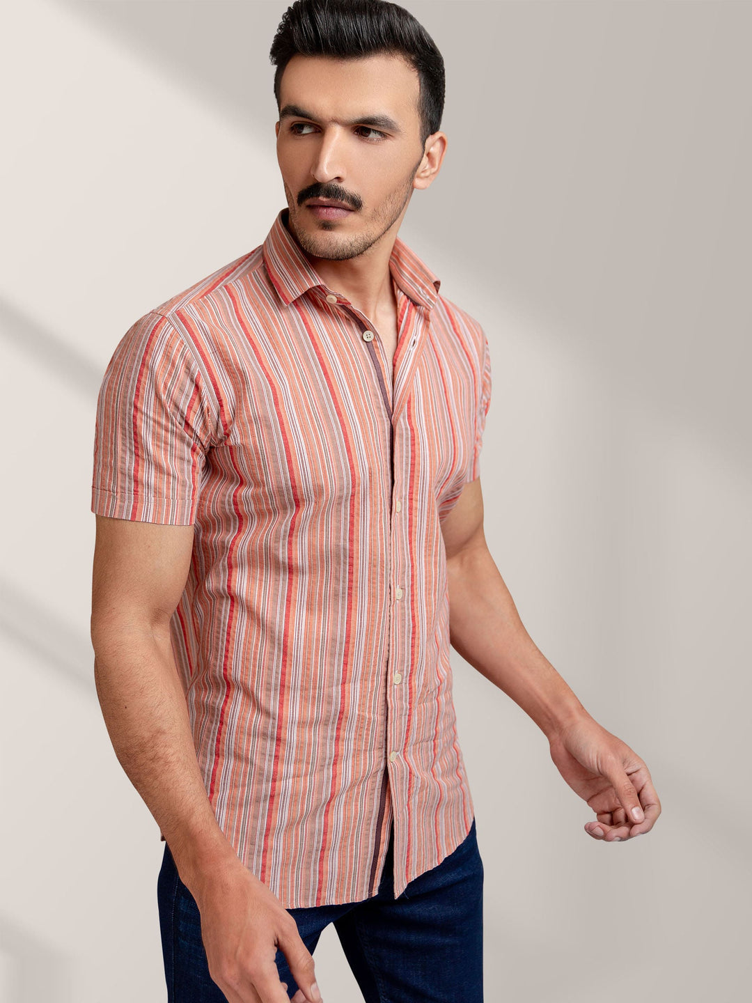 Orange striped seersucker half sleeve shirt brumano pakistan