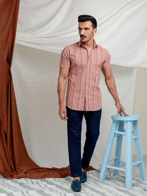 Orange Striped Seersucker Half Sleeve Shirt Brumano Pakistan