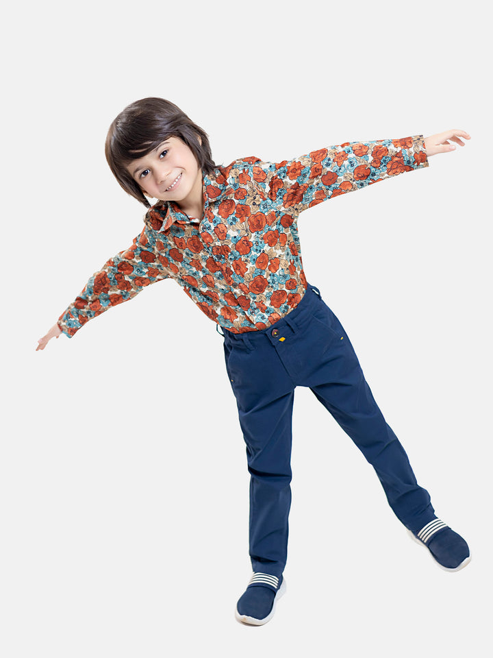 Orange & Blue Floral Printed Casual Shirt Brumano Pakistan