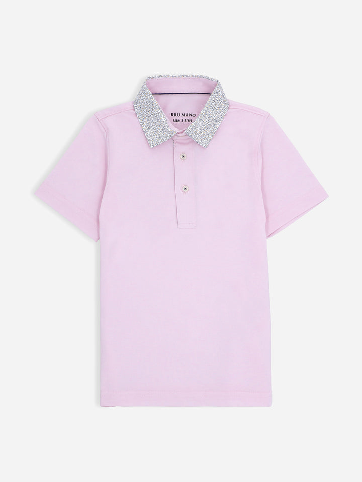 Pink Casual Polo Shirt With Printed Floral Collar Brumano Pakistan