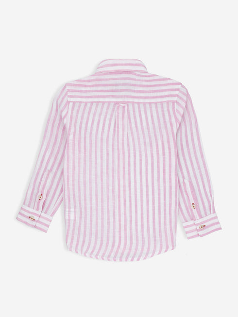 Pink Striped 100% Linen Long Sleeve Casual Shirt