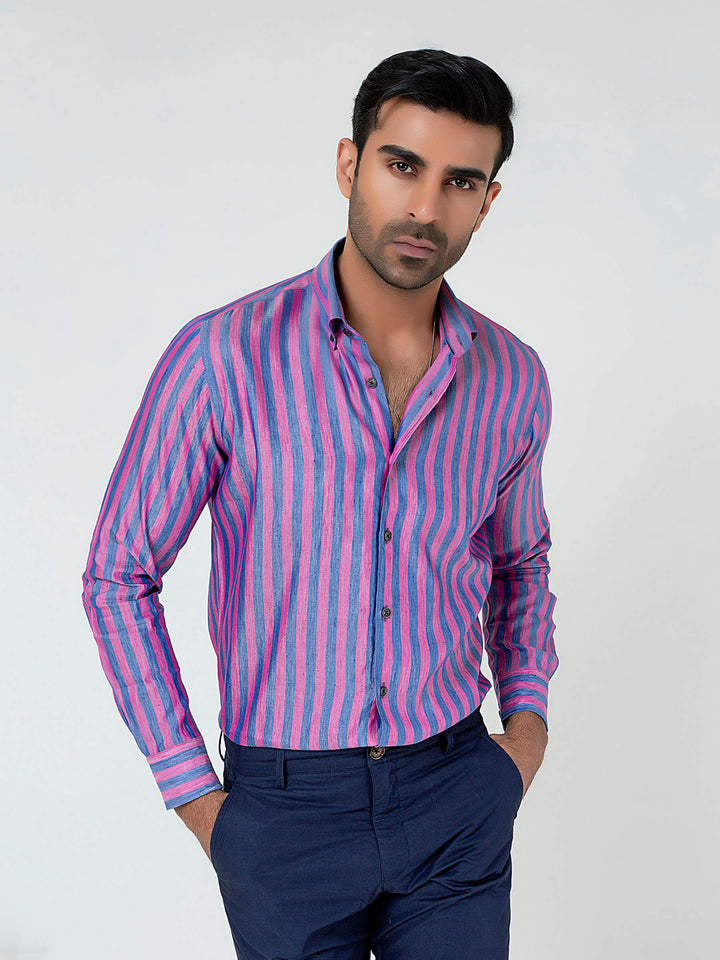 Pink & Blue Bold Striped Linen & Silk Shirt Brumano Pakistan