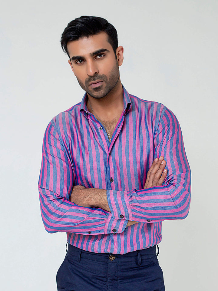 Pink & Blue Bold Striped Linen & Silk Shirt Brumano Pakistan