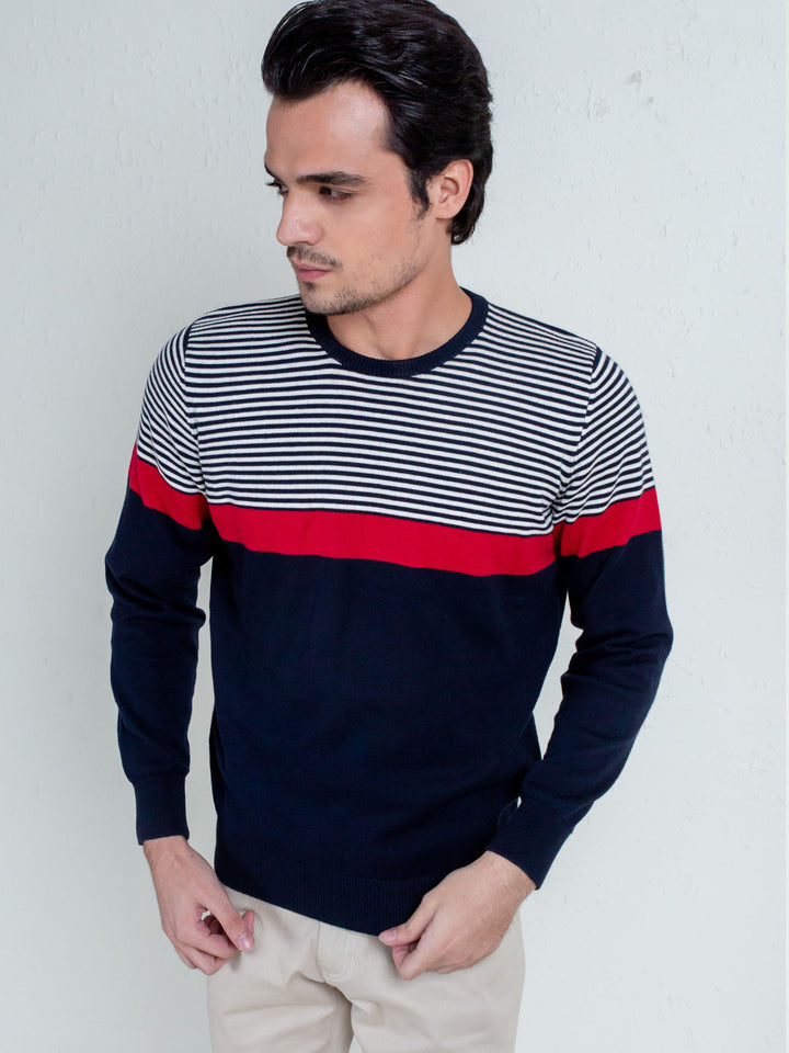 Red & Blue Contrasting Striped Sweater Brumano Pakistan