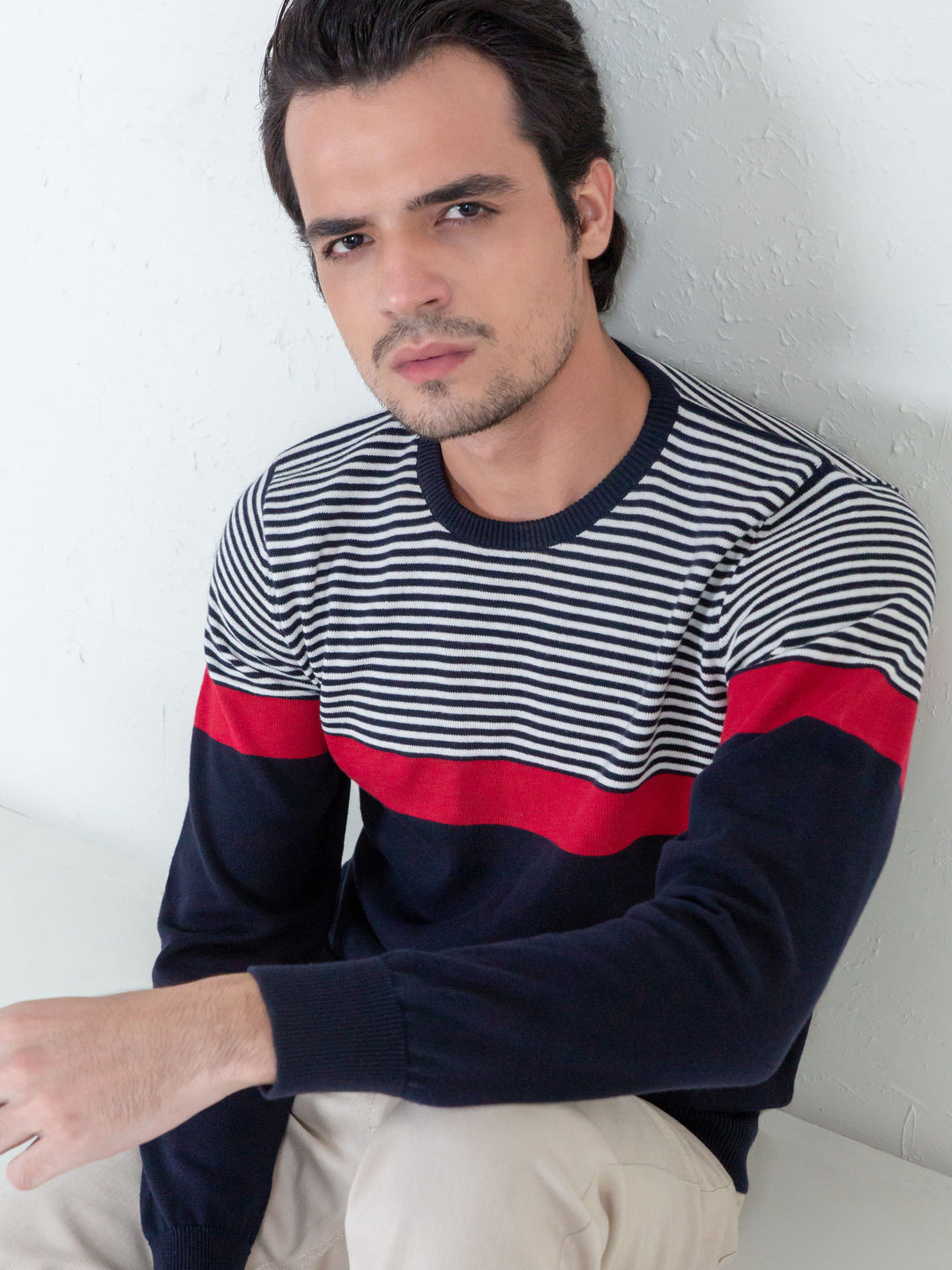 Red & Blue Contrasting Striped Sweater Brumano Pakistan