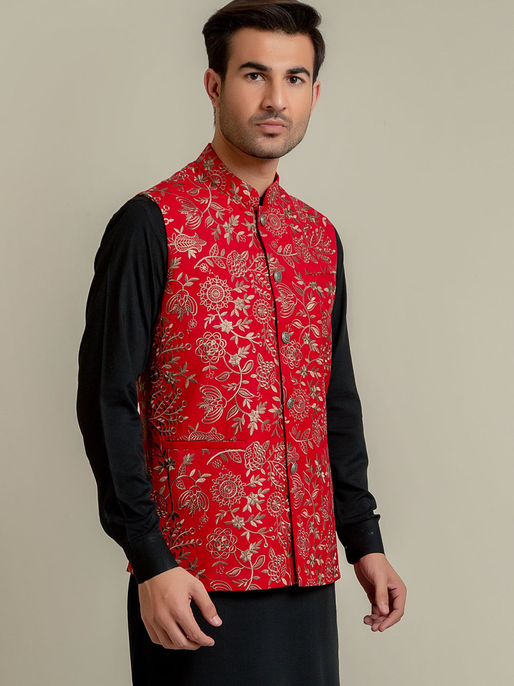 Red embroidered sartoria waistcoat brumano pakistan