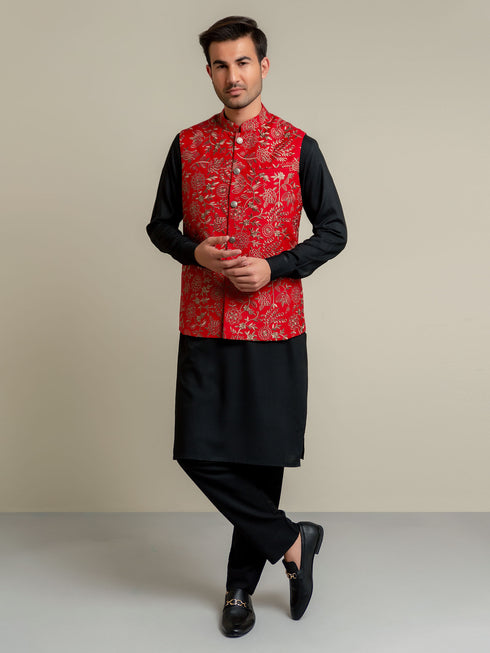 Red Embroidered Sartoria Waistcoat Brumano Pakistan