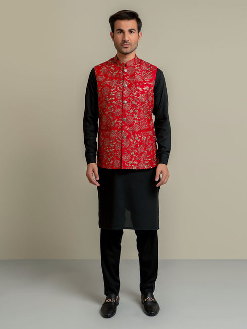 Red Embroidered Sartoria Waistcoat Brumano Pakistan