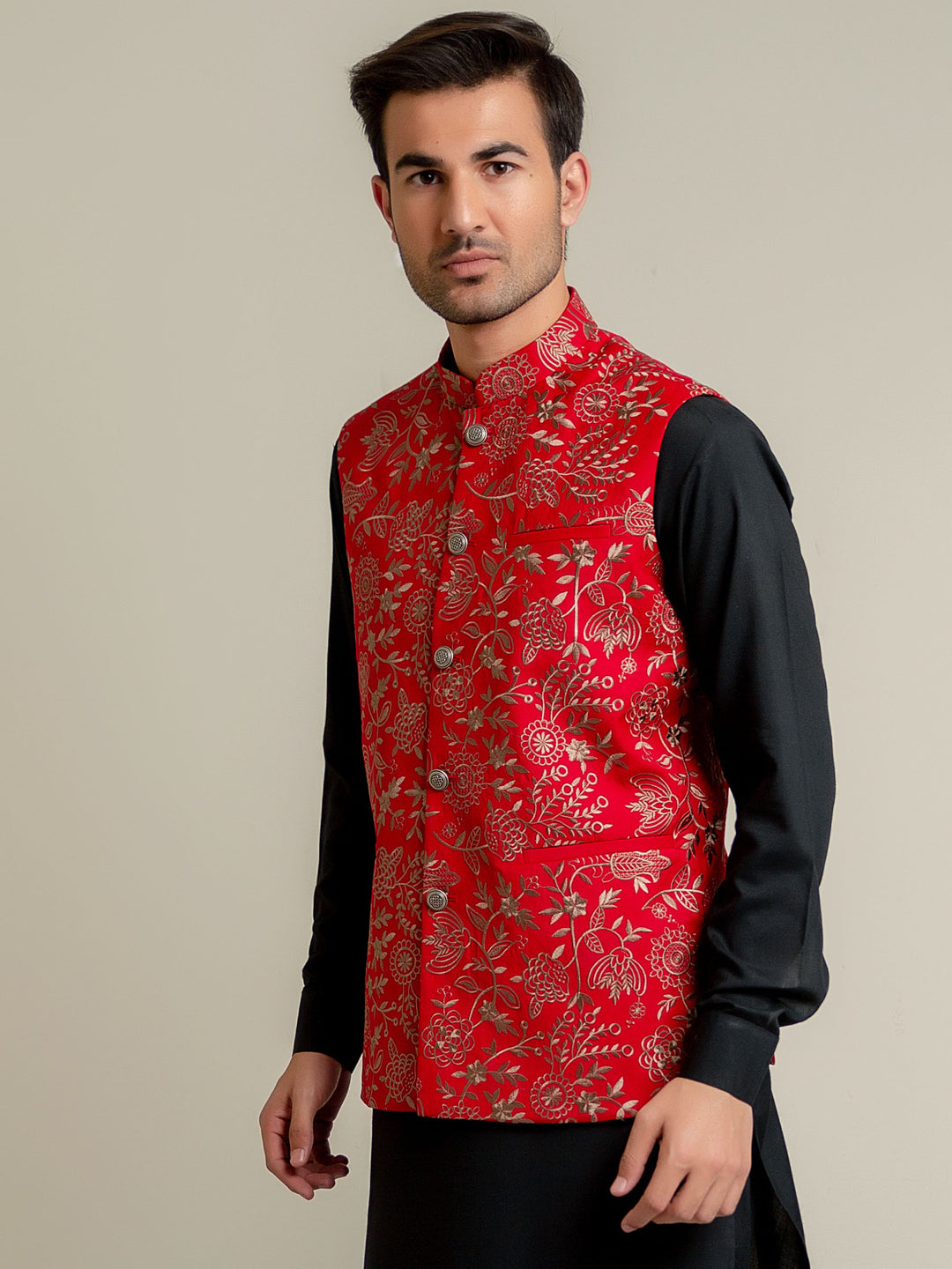Red embroidered sartoria waistcoat brumano pakistan