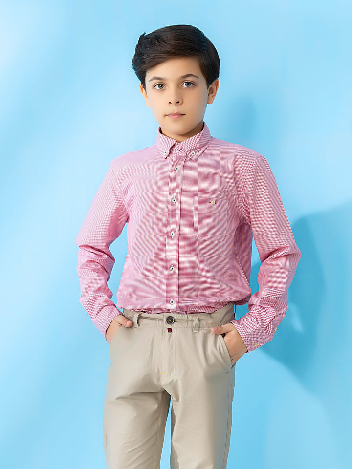 Red Micro Gingham Casual Long Sleeve Shirt Brumano Pakistan