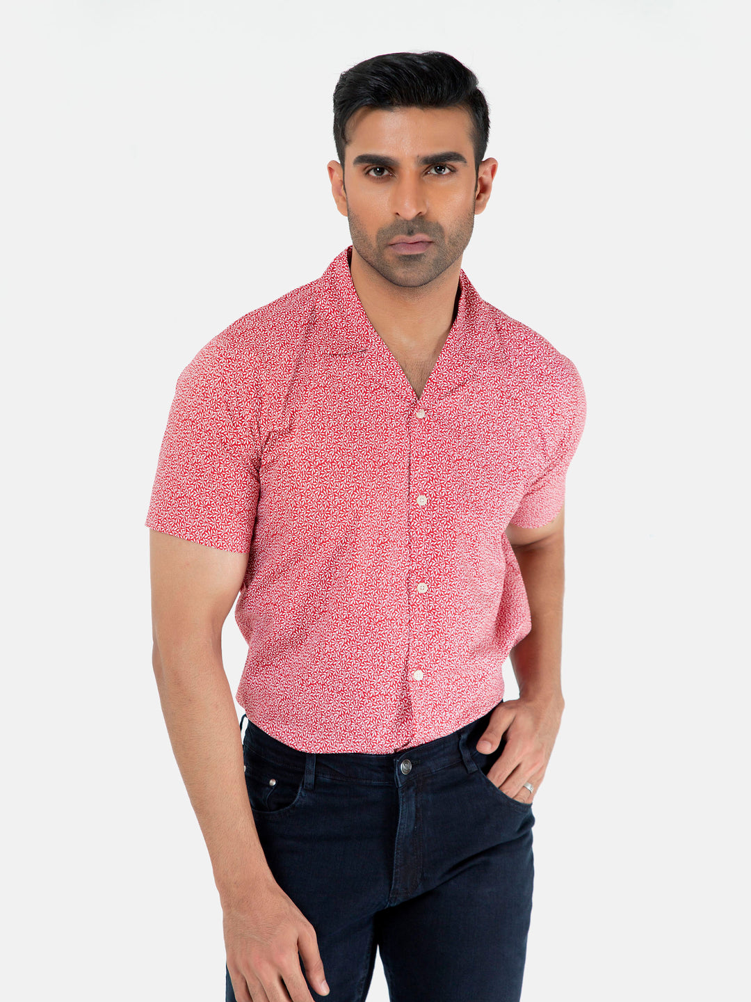Red Printed Half Sleeve Cuban Collar Shirt Brumano Pakistan