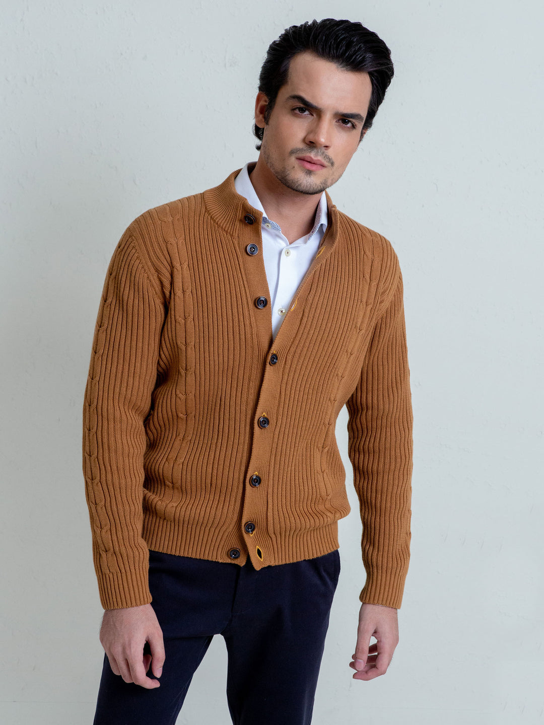 Ribbed Camel Brown Button Cardigan Brumano Pakistan