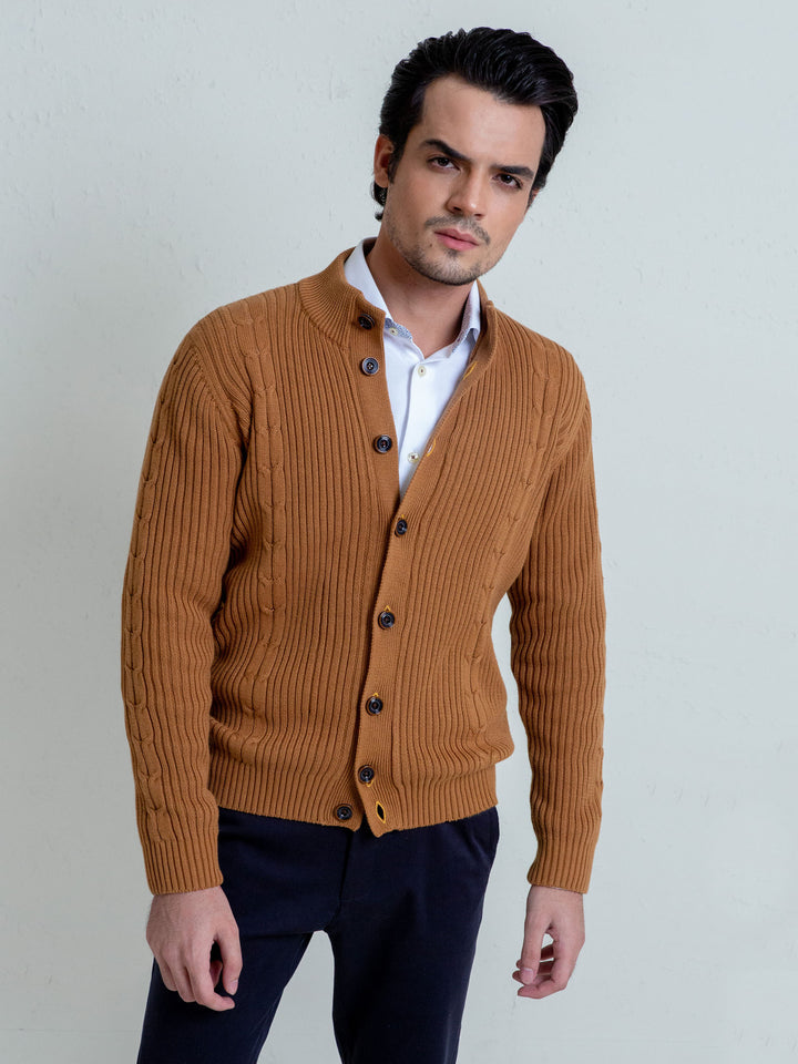 Ribbed Camel Brown Button Cardigan Brumano Pakistan