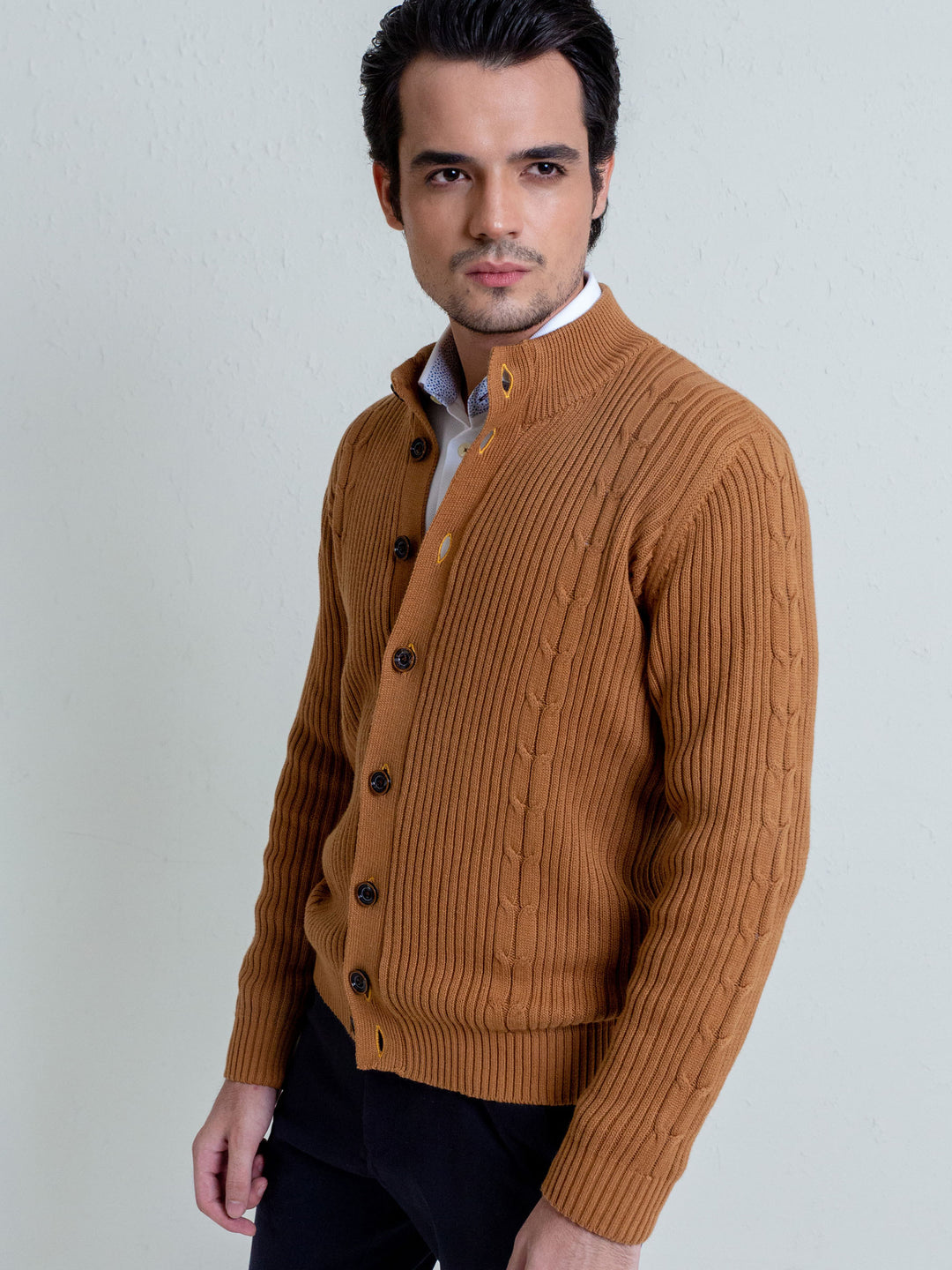 Ribbed Camel Brown Button Cardigan Brumano Pakistan