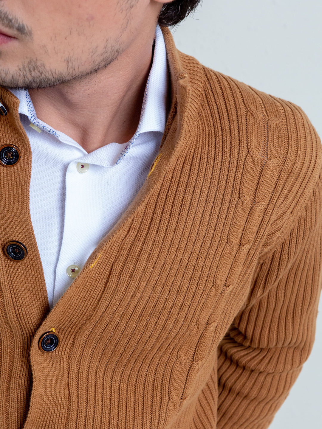 Ribbed Camel Brown Button Cardigan Brumano Pakistan