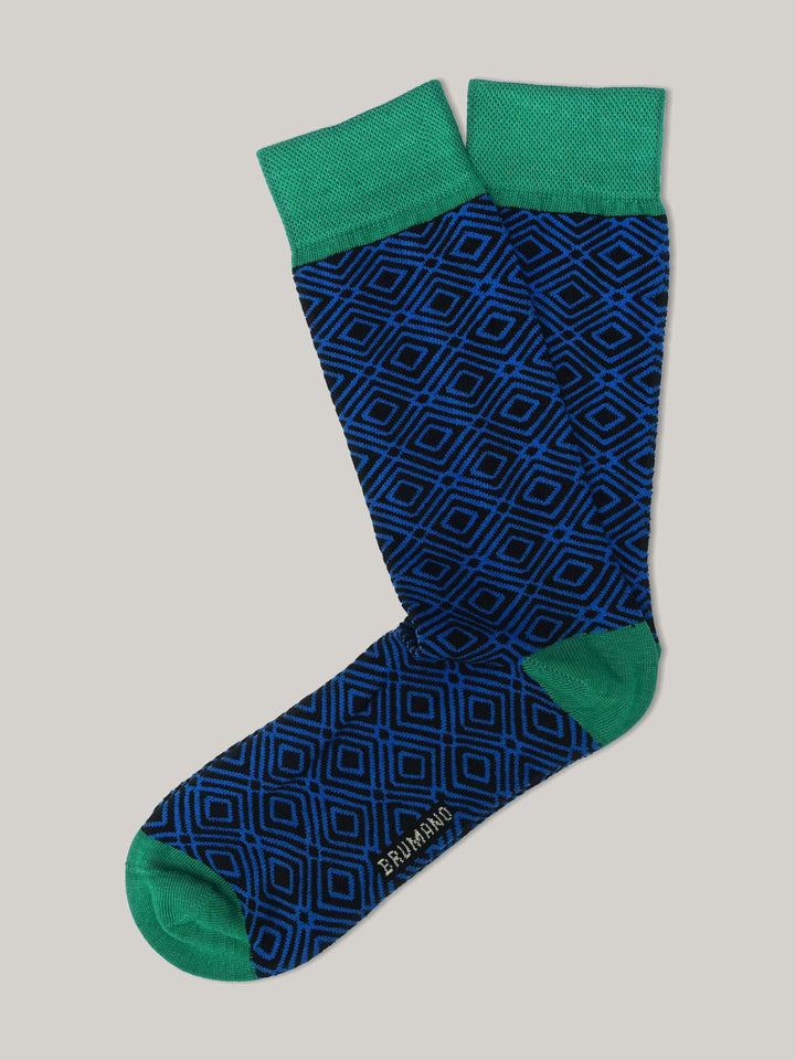 Royal Blue & Green Geo Patterned Cotton Socks Brumano Pakistan
