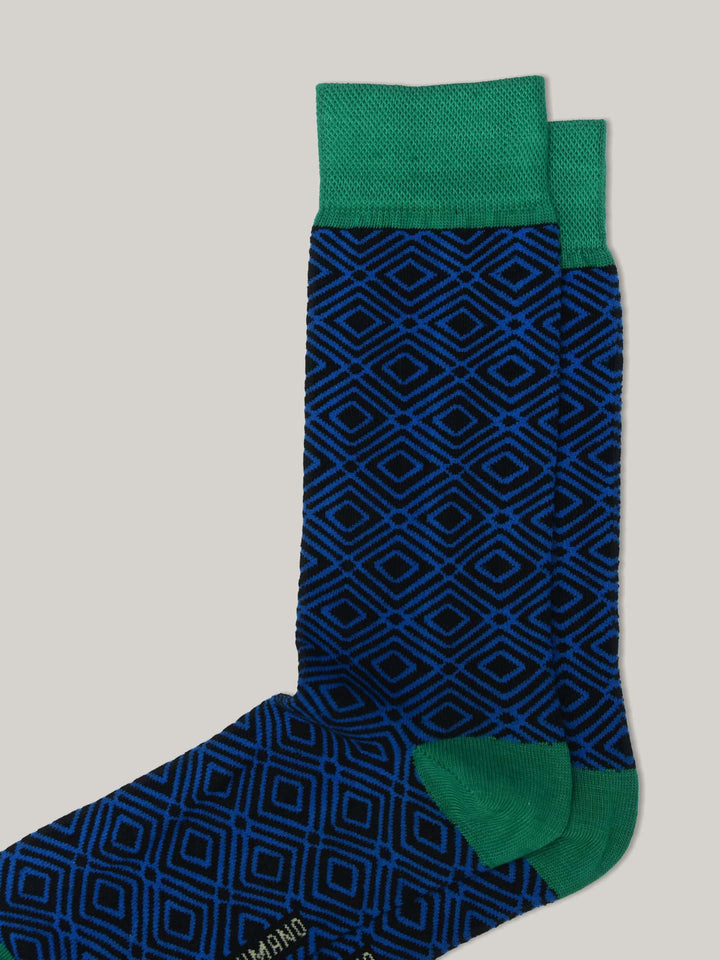 Royal Blue & Green Geo Patterned Cotton Socks Brumano Pakistan