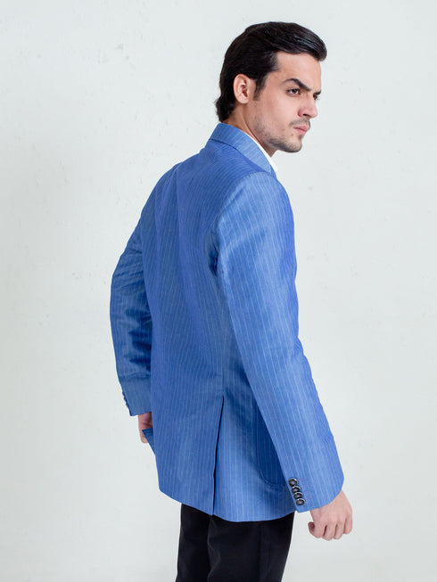 Royal Blue Linen Striped Blazer Brumano Pakistan