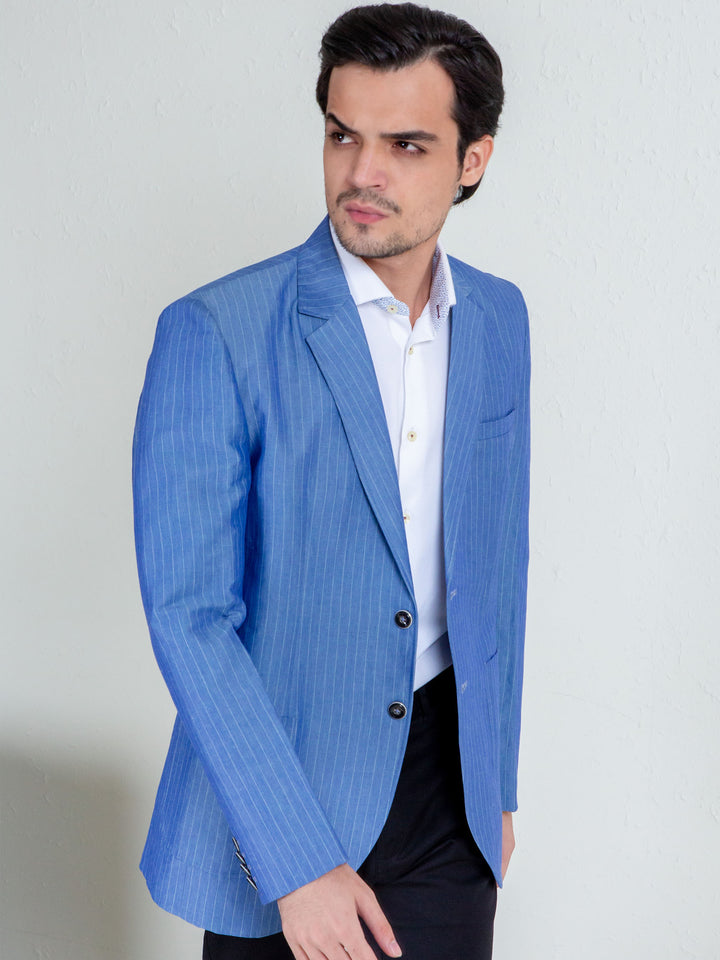 Royal Blue Linen Striped Blazer Brumano Pakistan