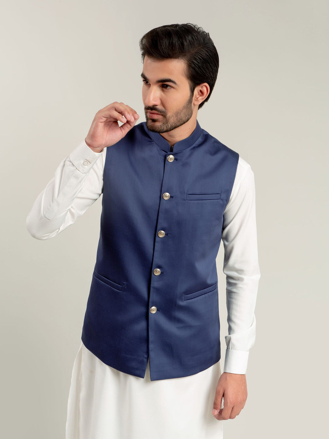 Royal Blue Satin Waistcoat Brumano Pakistan