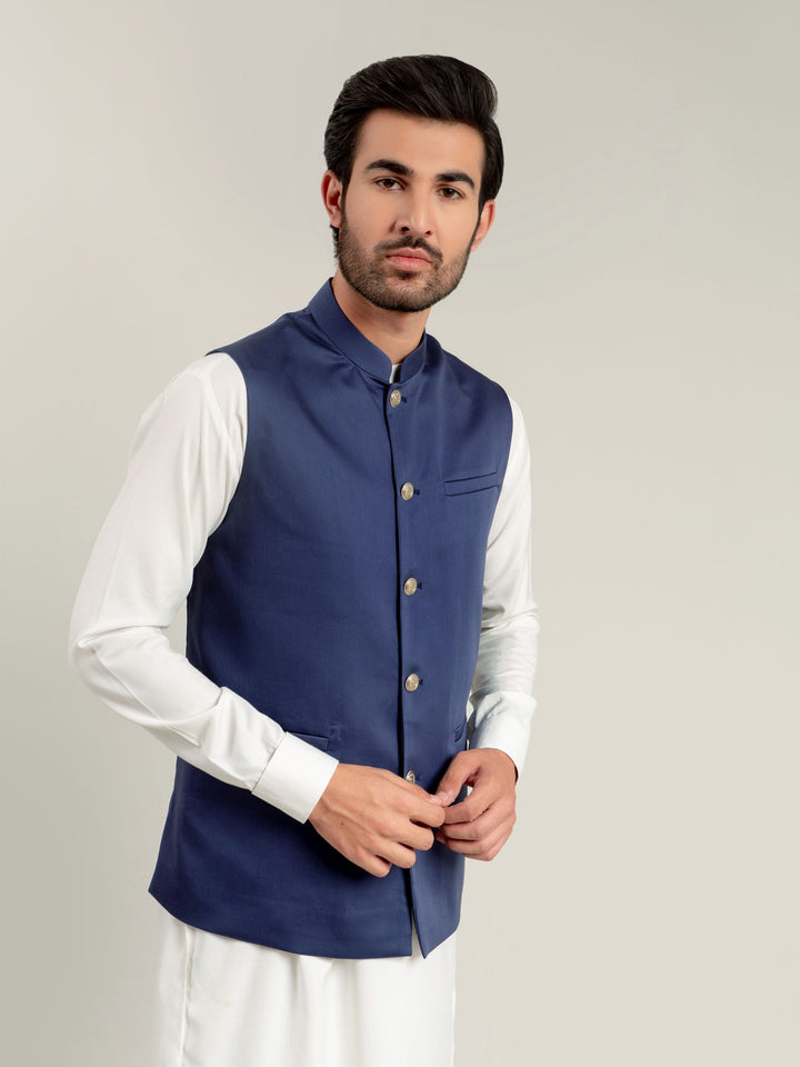 Royal Blue Satin Waistcoat Brumano Pakistan