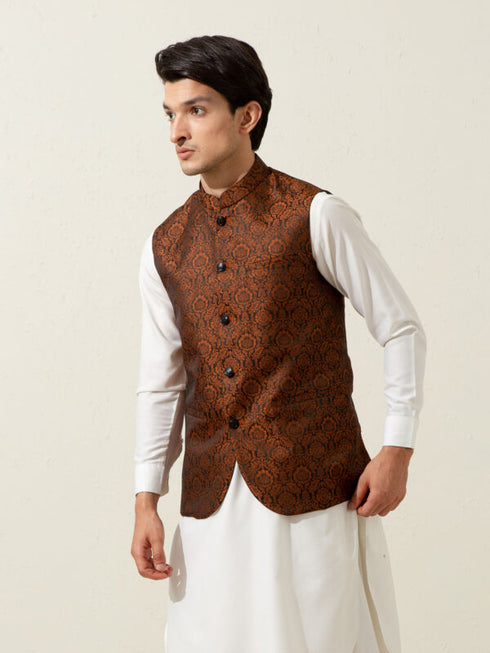 Rusty Orange Floral Patterned Waistcoat Brumano Pakistan