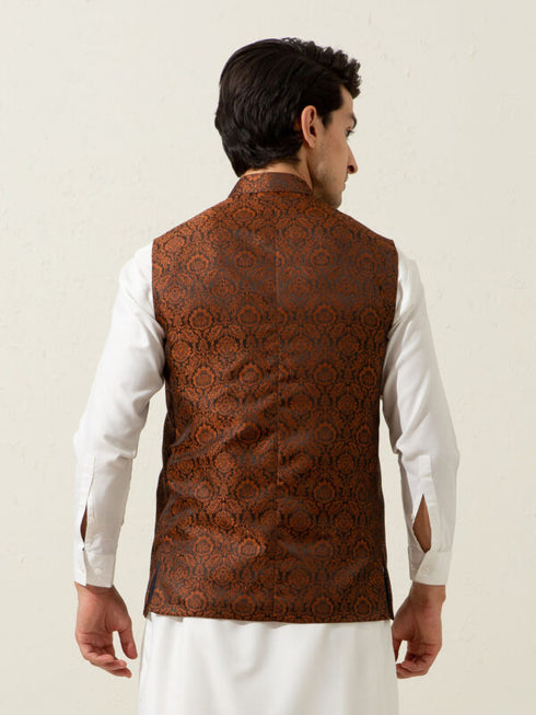 Rusty Orange Floral Patterned Waistcoat Brumano Pakistan