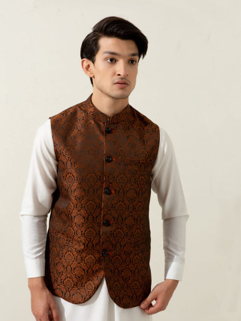 Rusty Orange Floral Patterned Waistcoat Brumano Pakistan