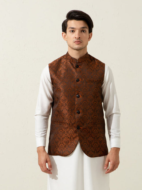 Rusty Orange Floral Patterned Waistcoat Brumano Pakistan