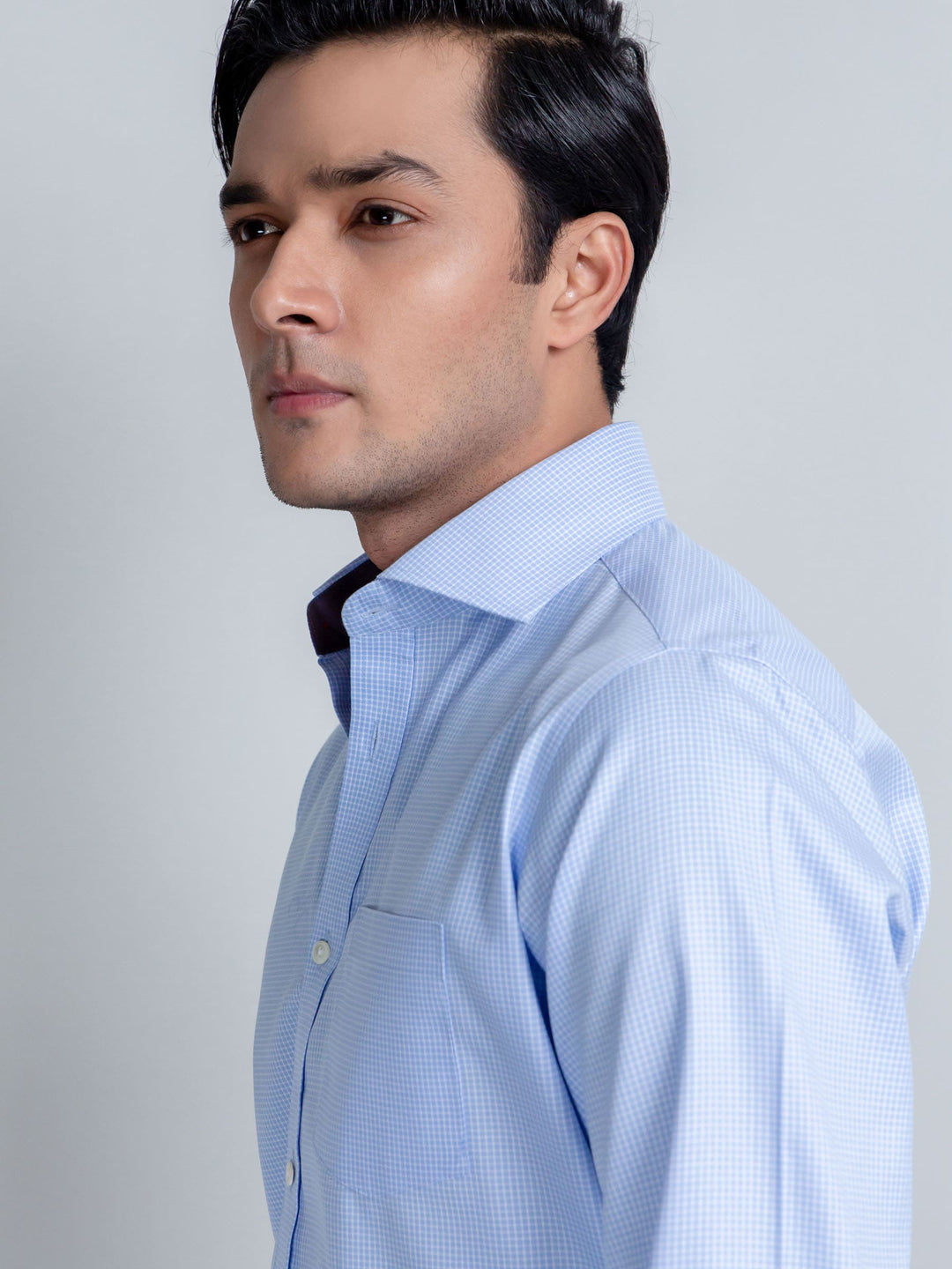 Sky Blue Micro Gingham Shirt With Shallow Collar Brumano Pakistan