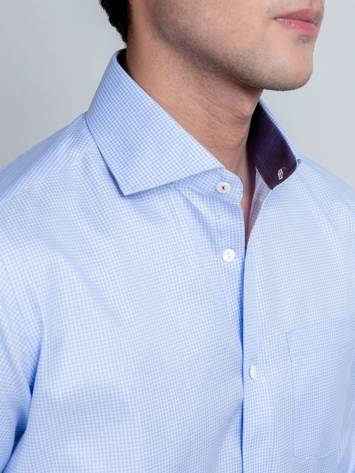 Sky Blue Micro Gingham Shirt With Shallow Collar Brumano Pakistan