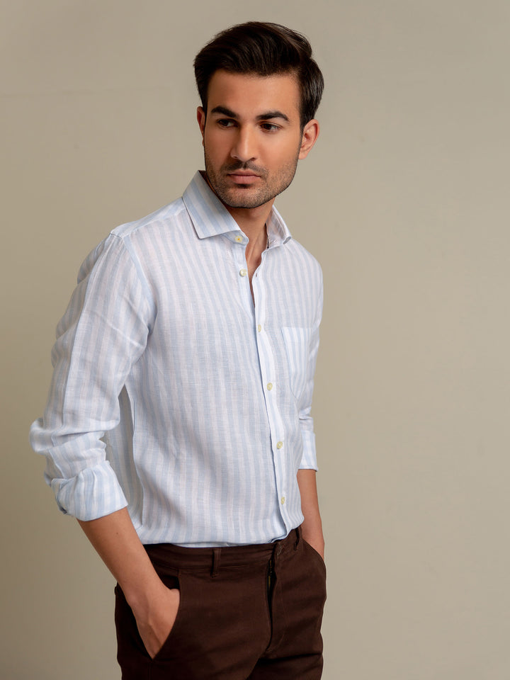 Sky Blue & White Striped 100% Linen Shirt Brumano Pakistan