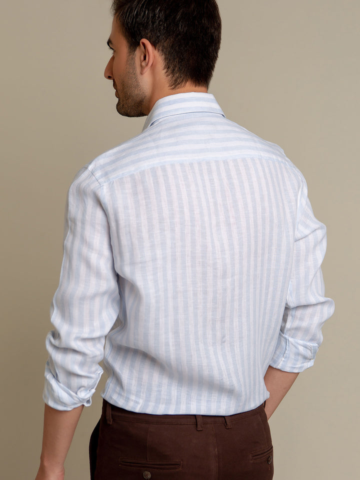 Sky Blue & White Striped 100% Linen Shirt Brumano Pakistan