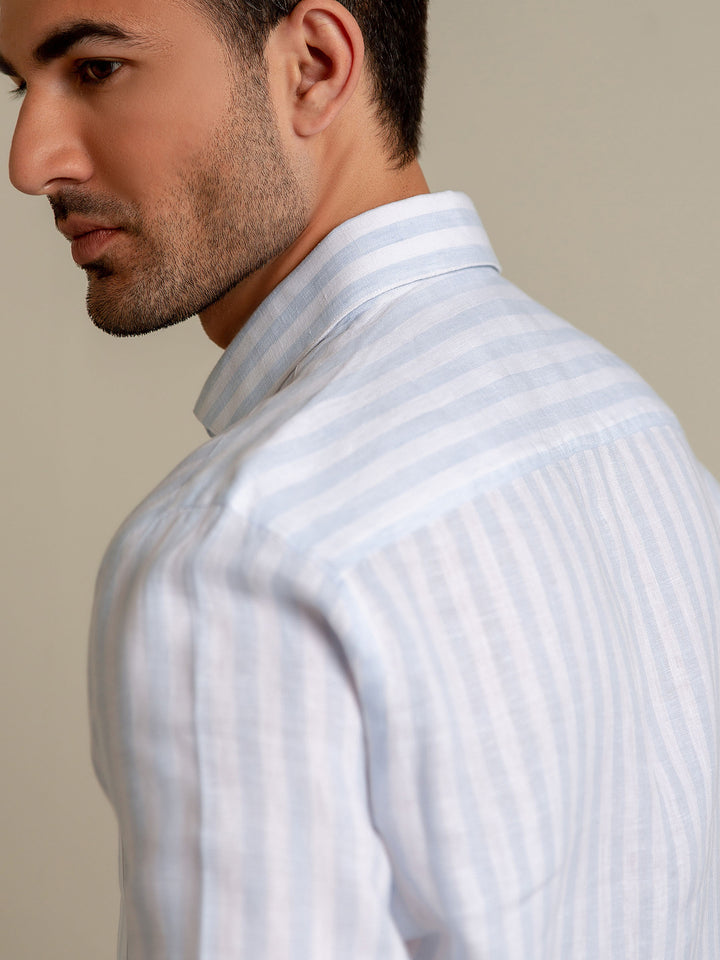 Sky Blue & White Striped 100% Linen Shirt Brumano Pakistan