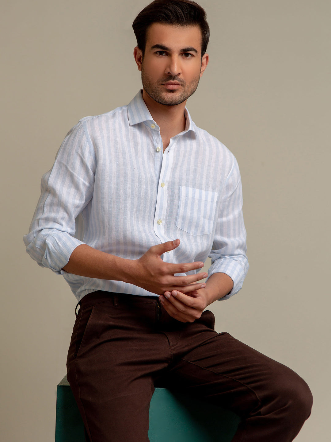 Sky Blue & White Striped 100% Linen Shirt Brumano Pakistan