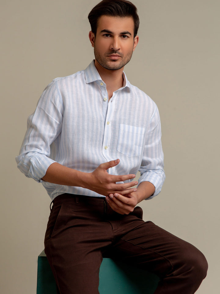Sky Blue & White Striped 100% Linen Shirt Brumano Pakistan