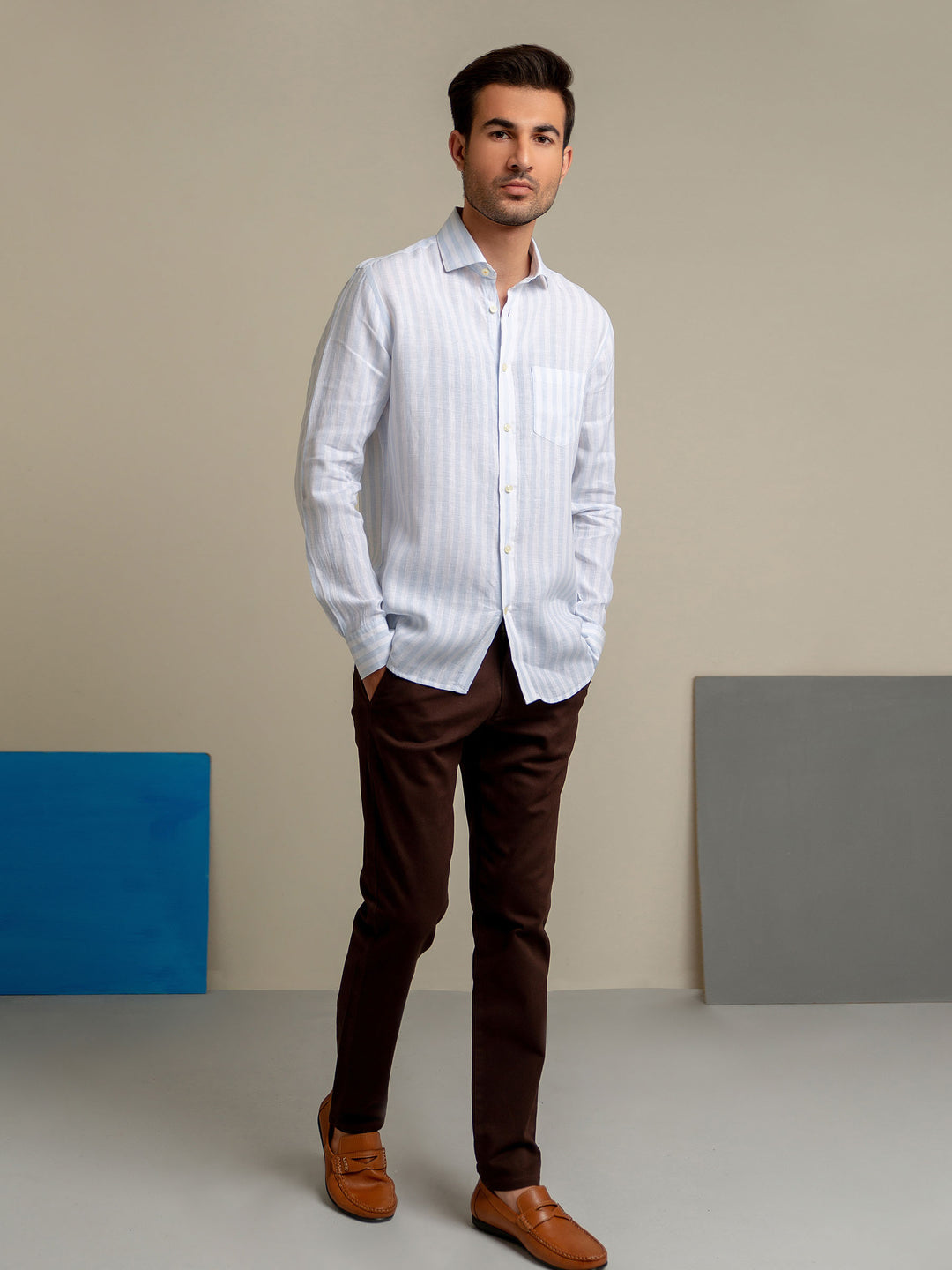 Sky Blue & White Striped 100% Linen Shirt Brumano Pakistan
