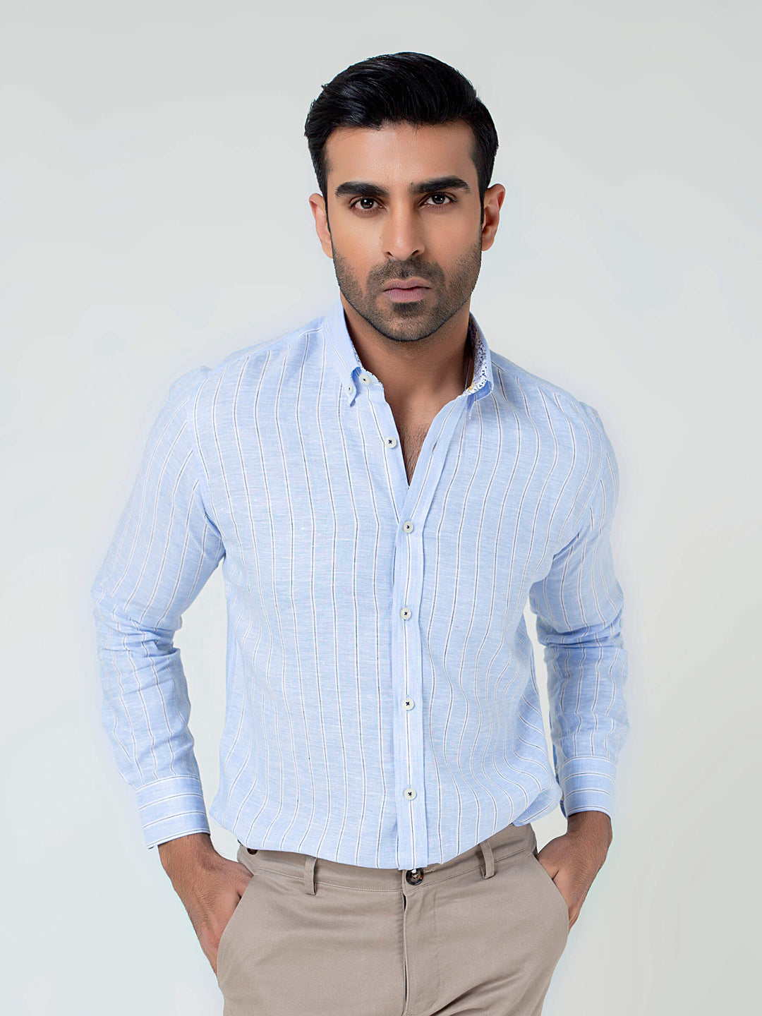 Sky Blue 100% Linen Striped Shirt Brumano Pakistan