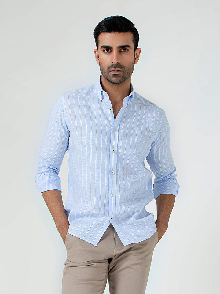 Sky Blue 100% Linen Striped Shirt Brumano Pakistan