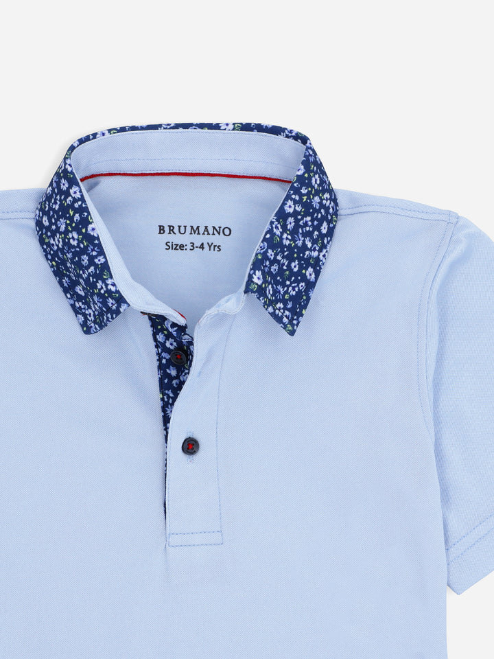 Sky Blue Casual Polo Shirt With Printed Floral Collar Brumano Pakistan