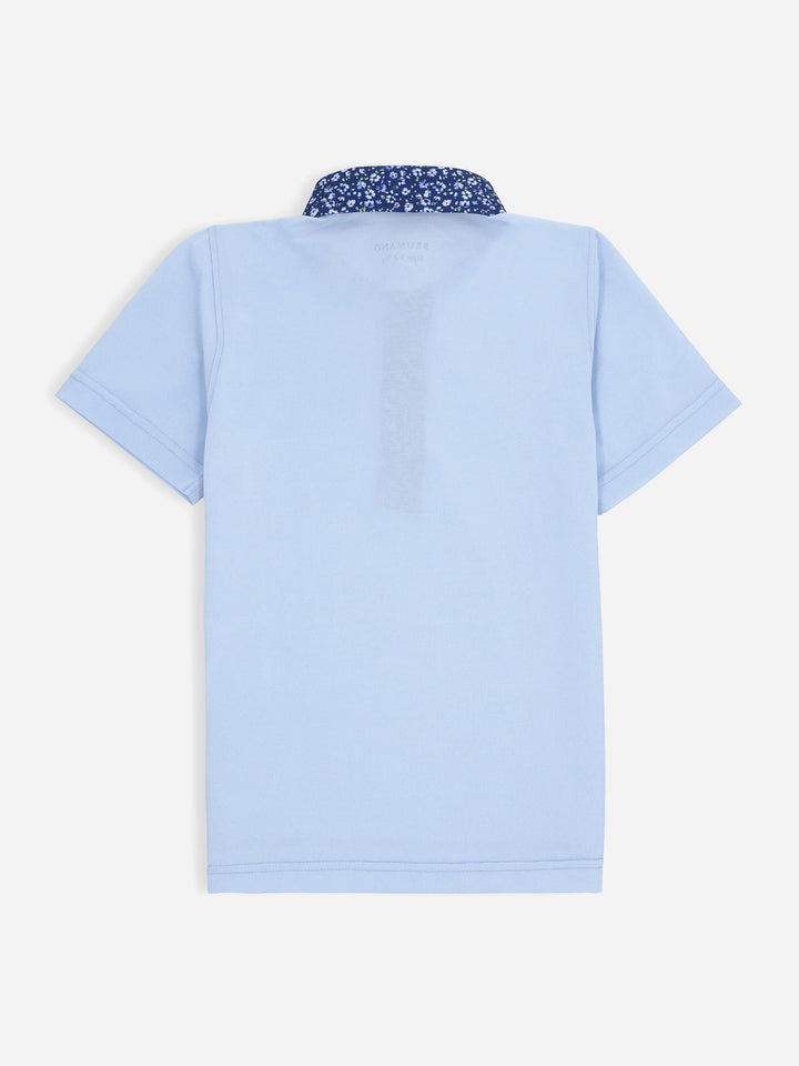 Sky Blue Casual Polo Shirt With Printed Floral Collar Brumano Pakistan