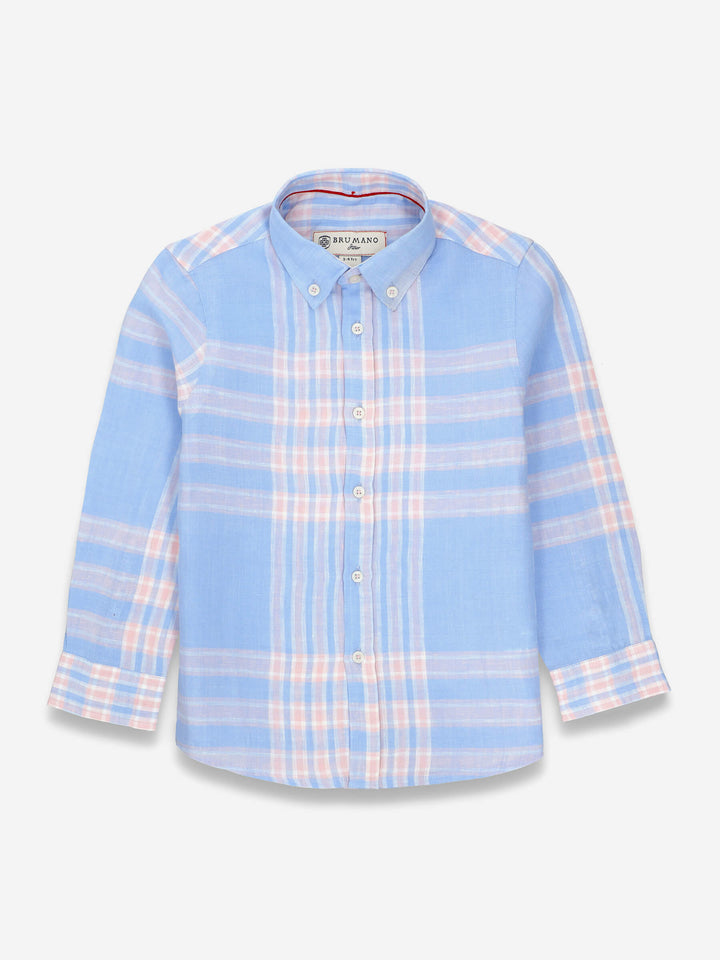 Sky Blue Linen Checkered Casual Shirt Brumano Pakistan 