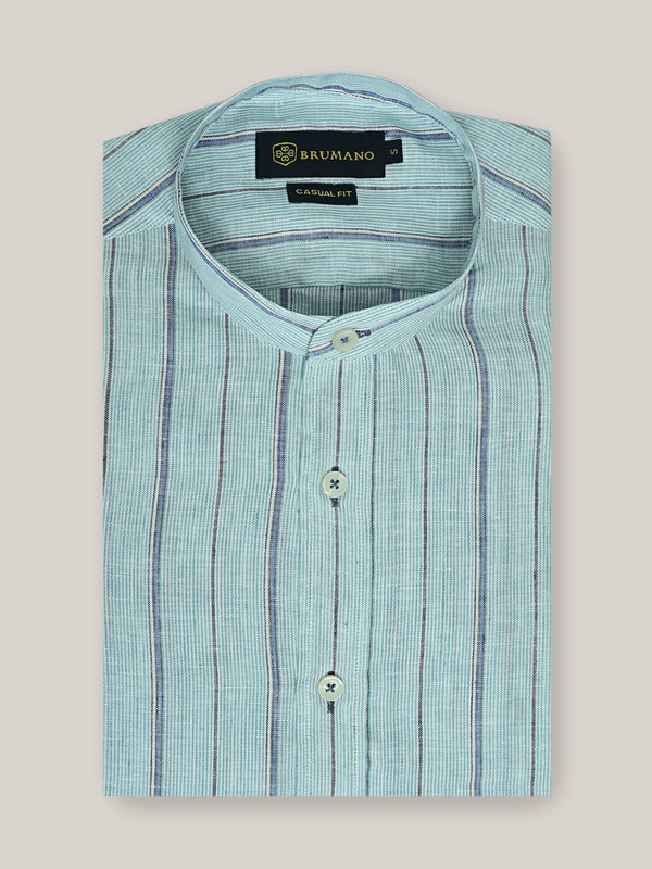 Sky Blue Linen Striped Mao Collar Shirt Brumano Pakistan