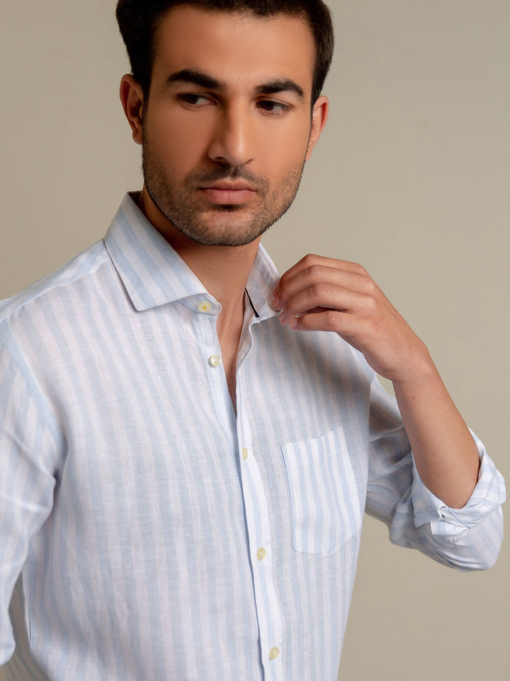 Sky Blue & White Striped 100% Linen Shirt Brumano Pakistan