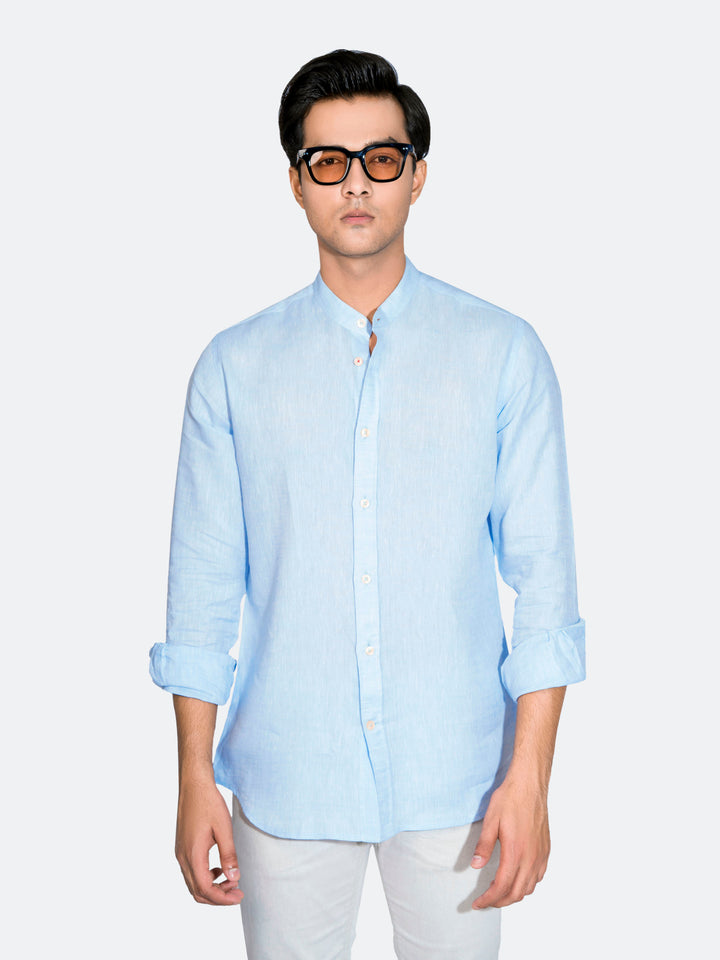Sky blue Mao Collar 100% Linen Shirt Brumano Pakistan