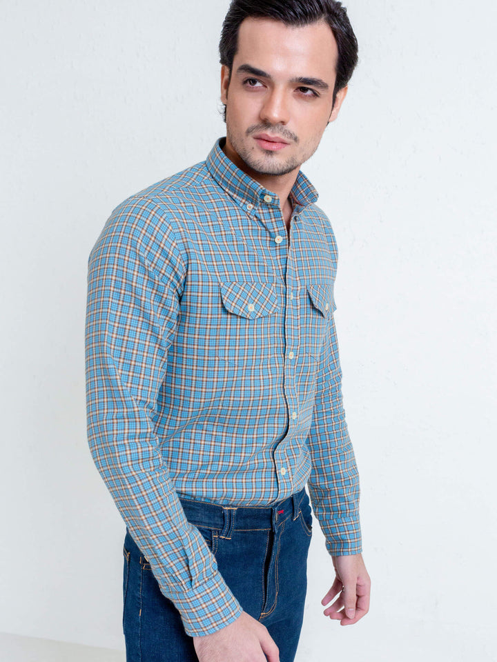Turquoise Blue Flannel Gingham Checkered Shirt Brumano Pakistan